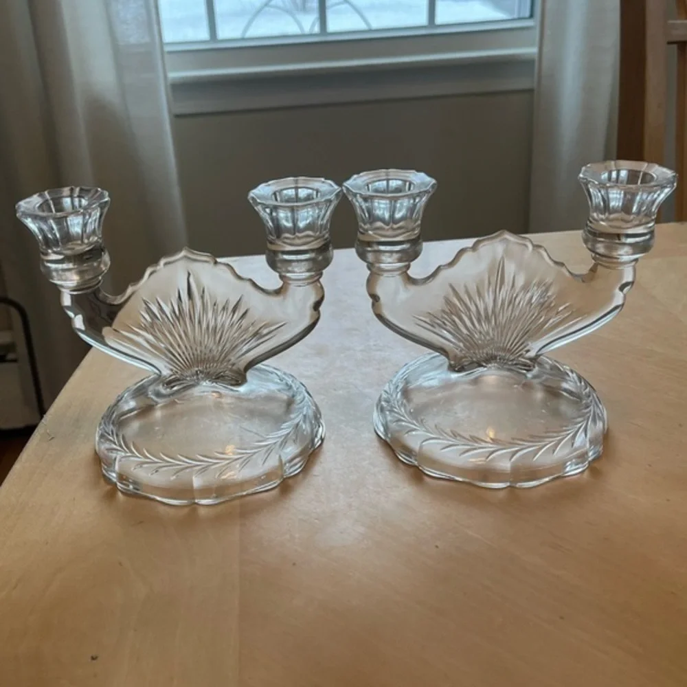 Vintage Clear Jeanette Glass Double Candlestick Sunburst Herringbone Set of Two